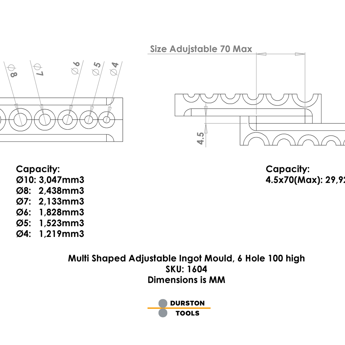Durston Multi Shape Adjustable Ingot Mould, 6 hole 100 High