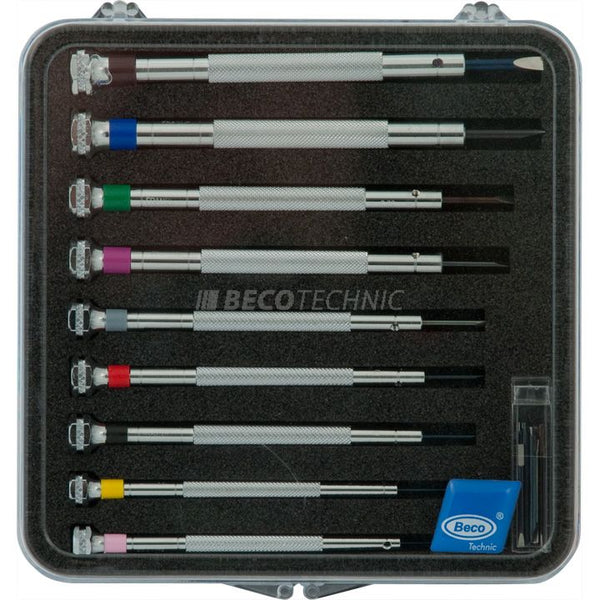 Beco® 9 screwdrivers, 0,6 - 3,0 mm, plastic box, with spare blades